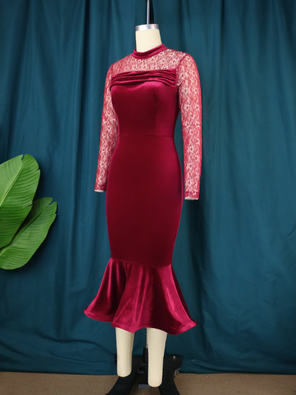 Women Lace Patchwork Vintage Velvet Christmas Dress