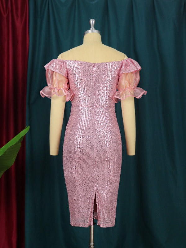 AOMEI Strapless Lady Glitter Sequin Dress Midi Puff Sleeve