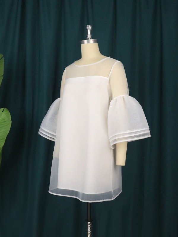Women White Sweet  3 Layers Bell Sleeve See Through Mini Loose Dress