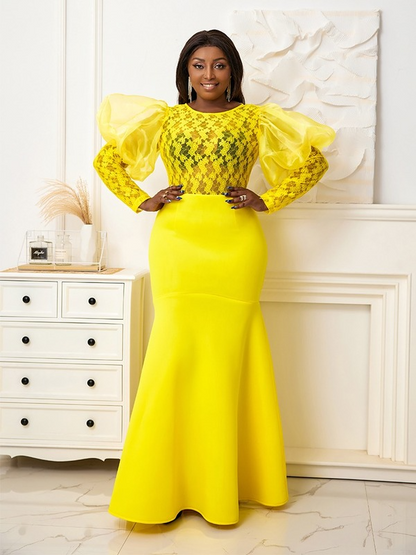 Yellow Lace Puff Sleeves See Through Long Mermaid Dress