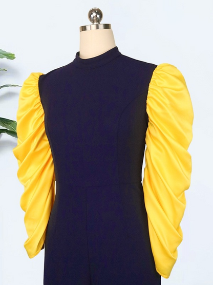Autumn Navy Jumpsuits Patchwork Yellow Long Sleeves Pleated  Elegant Office Ladies