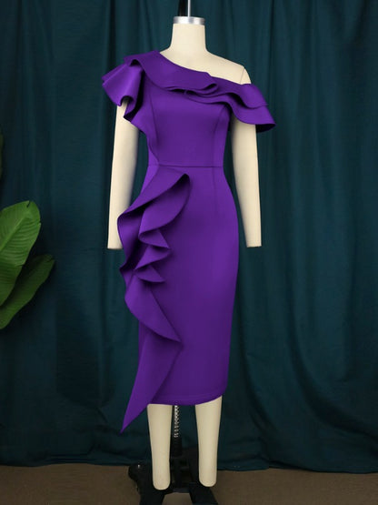AOMEI Women Purple Ruffle Party Dresses Midi