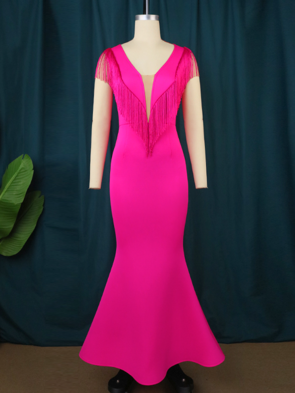 AOMEI V Neck Tassel 4XL Mermaid Maxi Dress