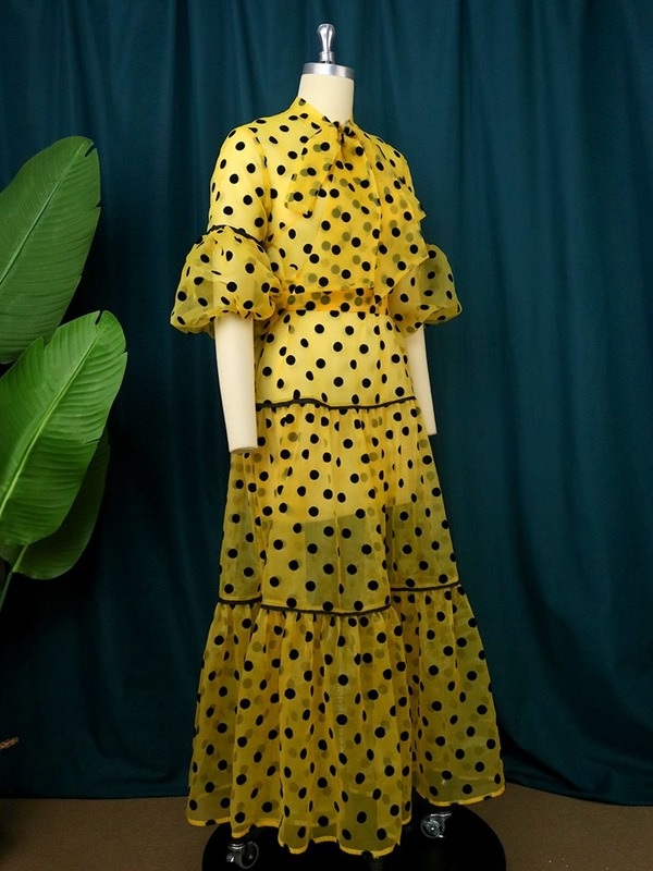 Polka Dot Print Tulle See Through Mesh Loose Maxi Bow African Gowns Dress