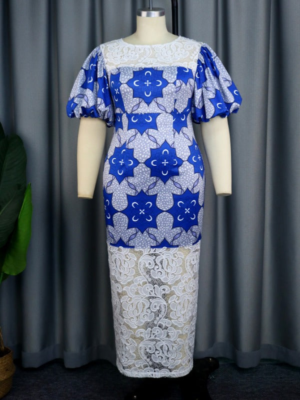 AOMEI Women Blue Printed Patchwork Lace Dress Maxi