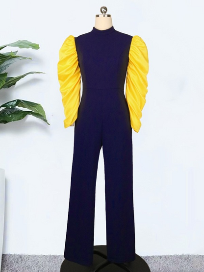 Autumn Navy Jumpsuits Patchwork Yellow Long Sleeves Pleated  Elegant Office Ladies