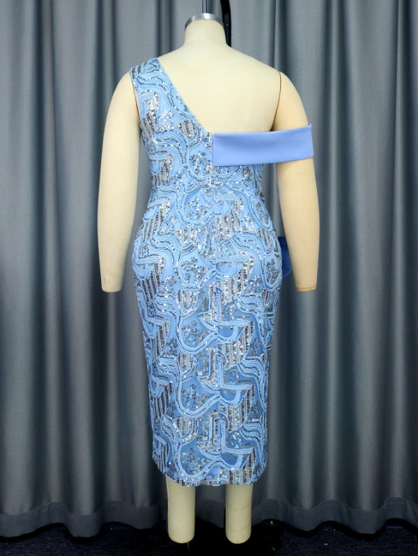 AOMEI Bowtie Asymmetrical Sequin Party Dress Midi